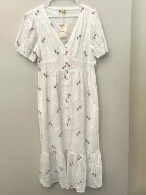 Hem and Thread White Eyelet Midi Dress with Floral Embroidery